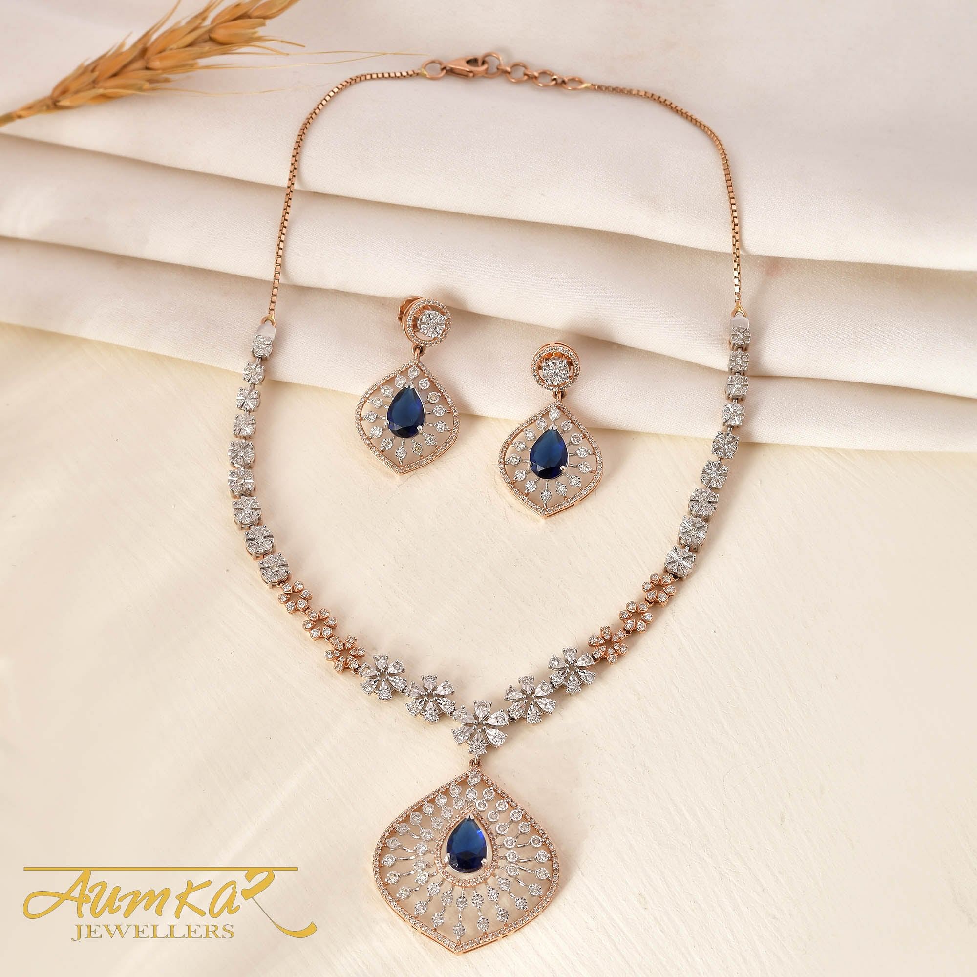 Azure Bloom Â Designer Necklace Set With Blue Stones & Miracle Diamond Setting