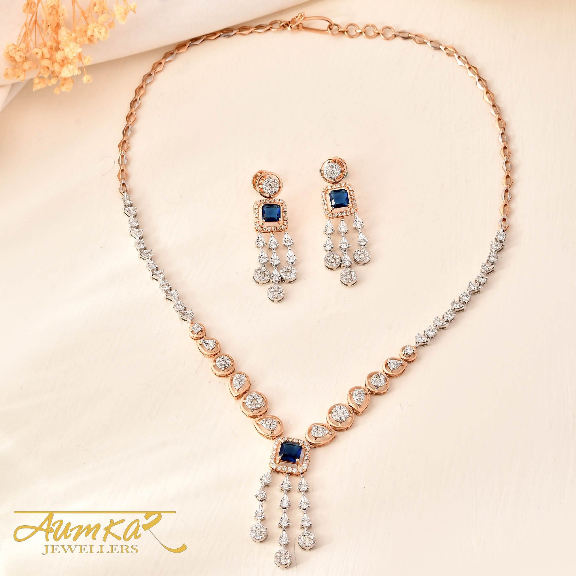 Tassels Of Elegance: Designer Blue Stone Necklace With Round Diamonds