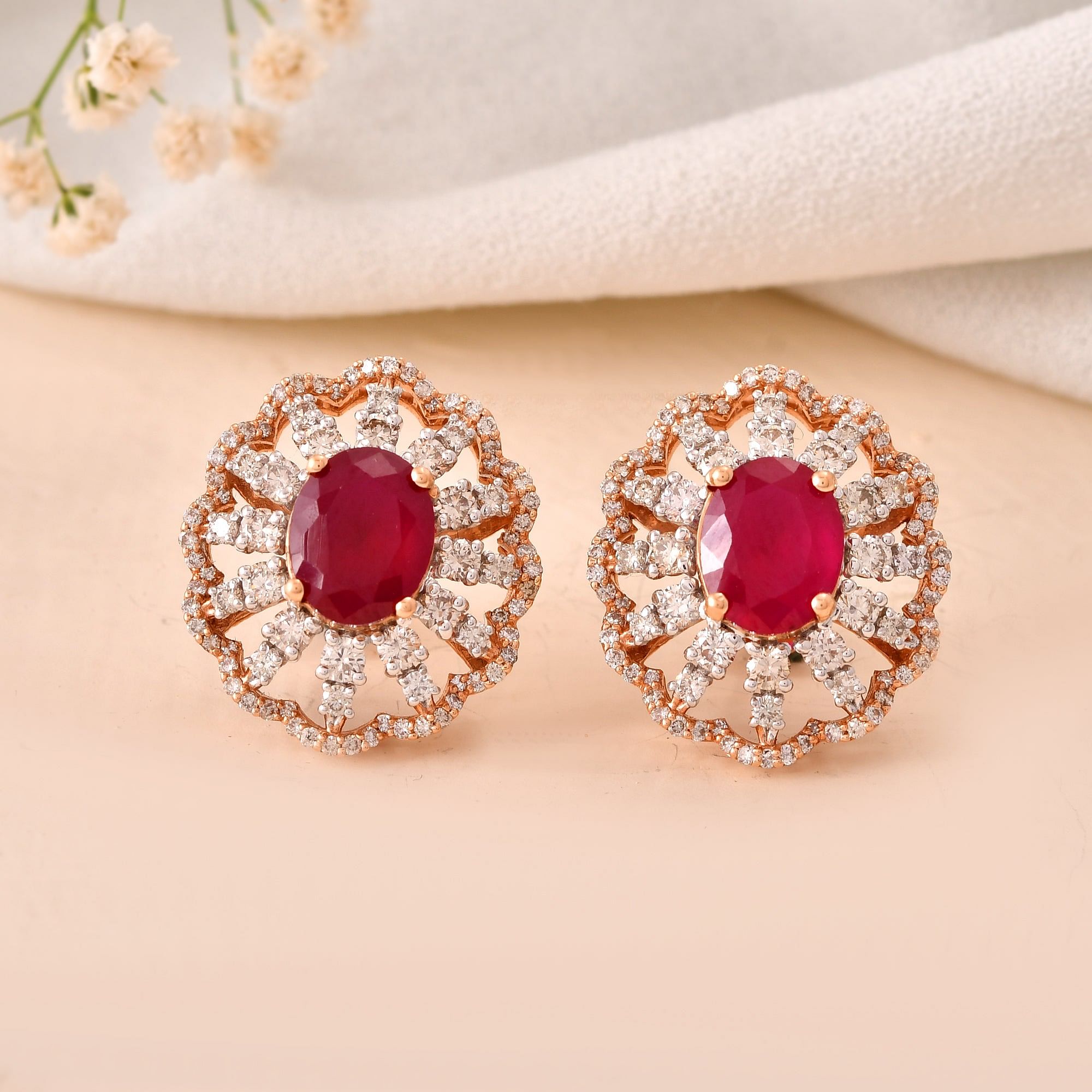 Radiant Red Stone Round Diamond Party Wear Studs