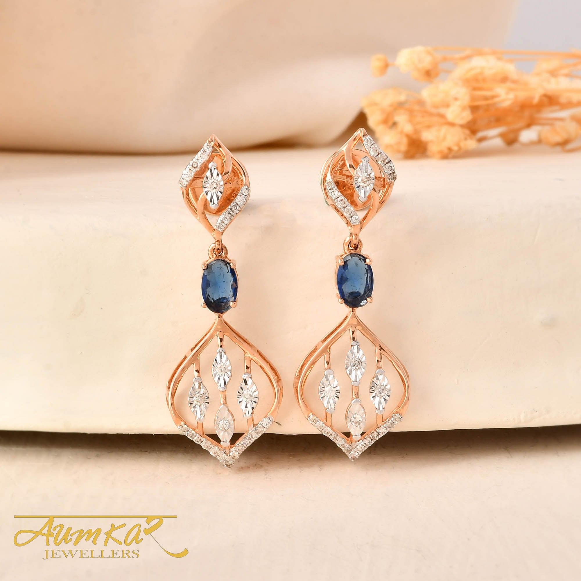 Oval Blue Stone Miracle Setting Diamond Danglers