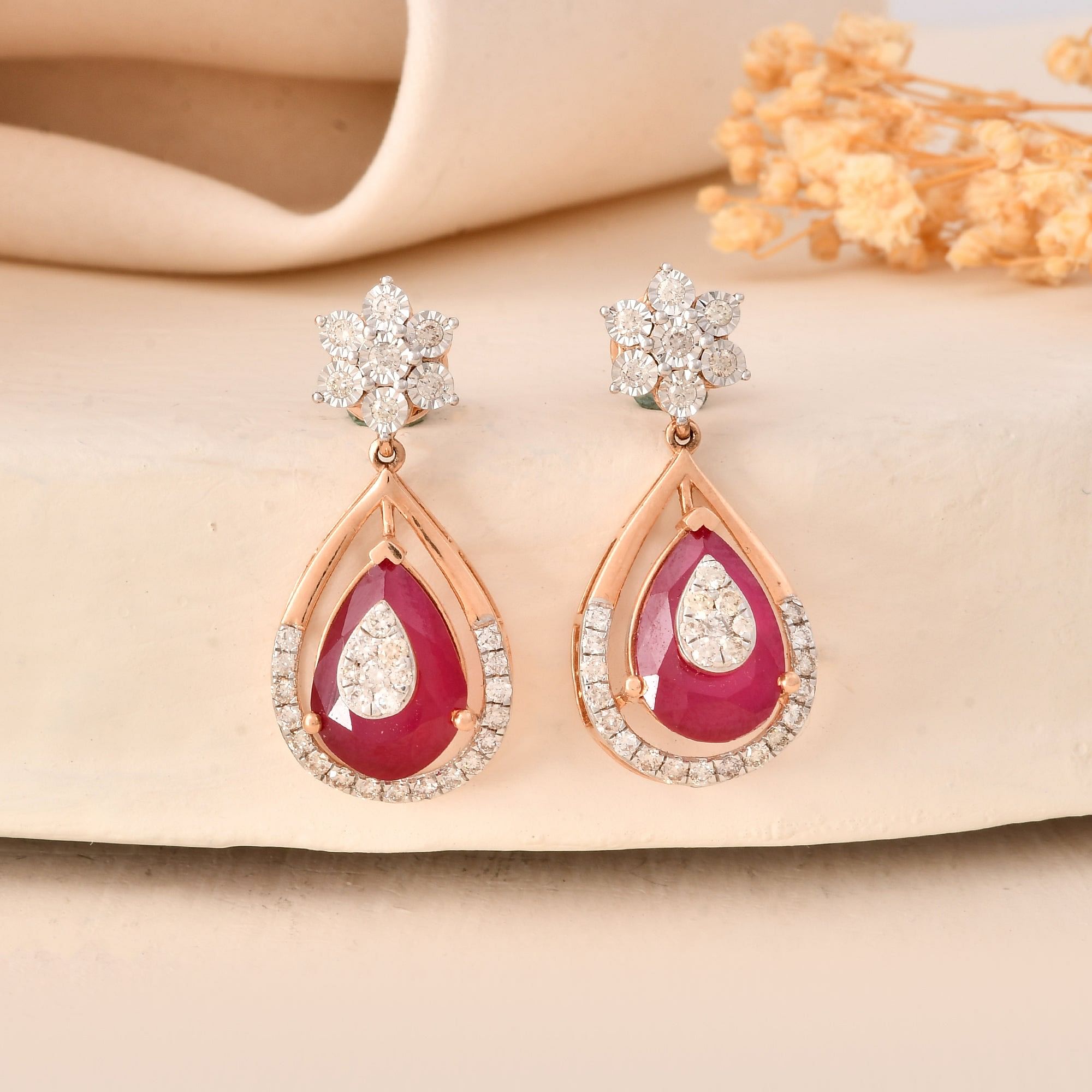 Red Stone Danglers Studded With Round Diamonds In Miracle Setting